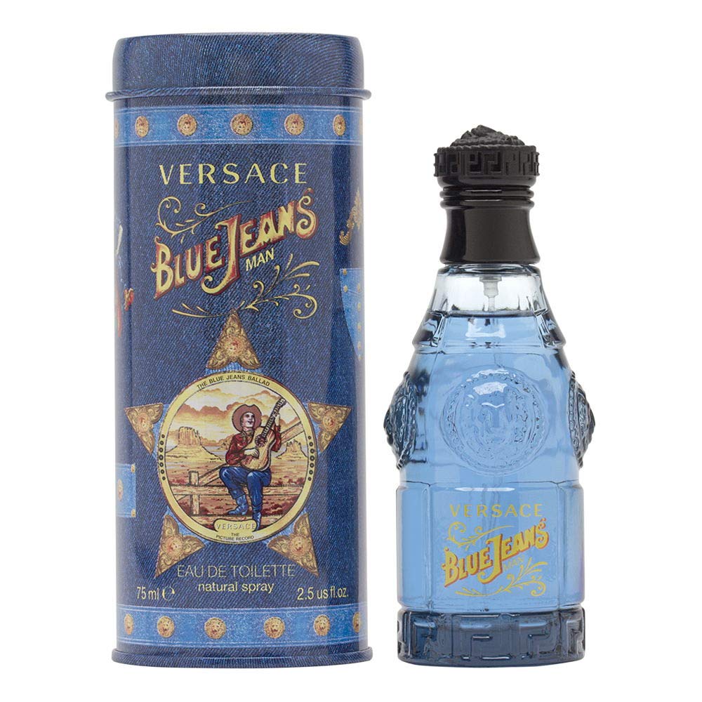 Versace Blue Jeans front bottle view showing sleek design and travel-friendly size