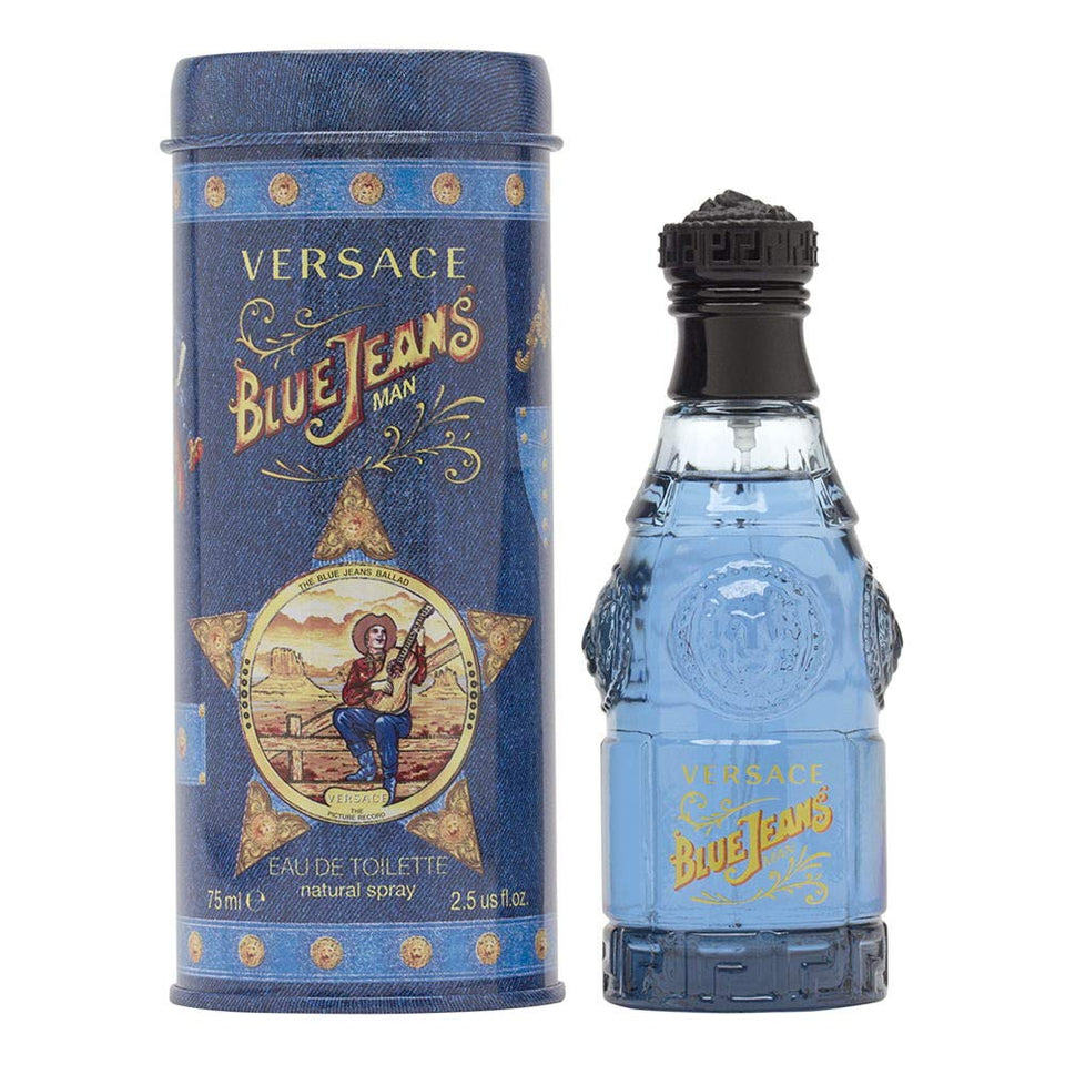 Versace Blue Jeans front bottle view showing sleek design and travel-friendly size