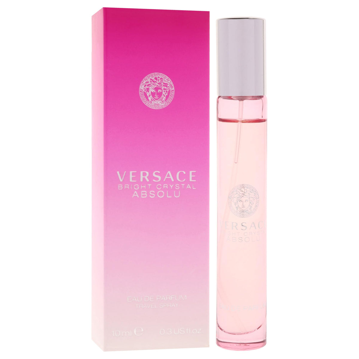Hand holding Versace travel spray demonstrating portable on-the-go convenience