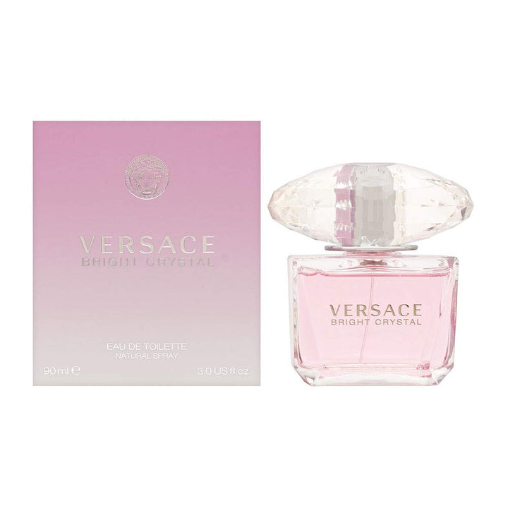 Versace Bright Crystal front bottle view showing clear glass and pink juice, elegant gift appeal