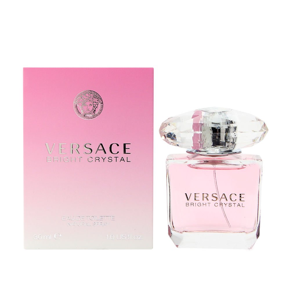 Versace Bright Crystal front bottle in pink glass showing elegant, luminous packaging benefit