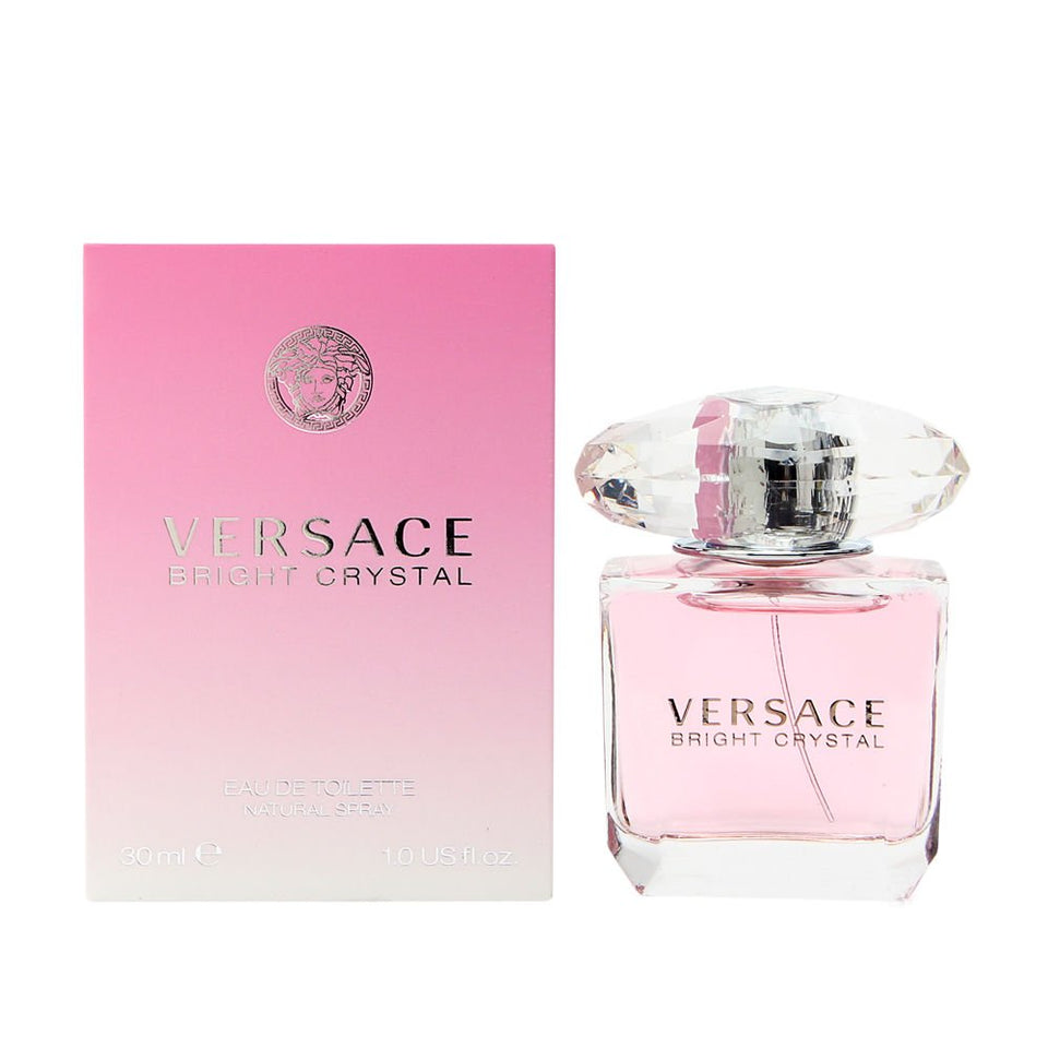Versace Bright Crystal front bottle in pink glass showing elegant, luminous packaging benefit