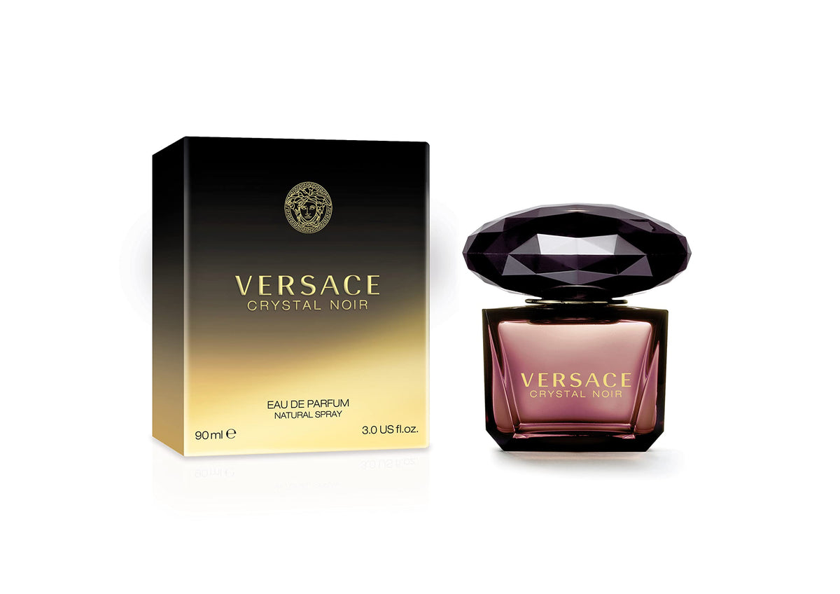 Versace Crystal Noir bottle closeup highlighting cap and glass texture, emphasizes elegant design