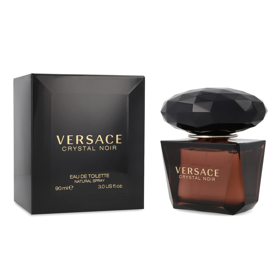Versace Crystal Noir front bottle displaying elegant dark glass and spray nozzle benefit: luxury presentation