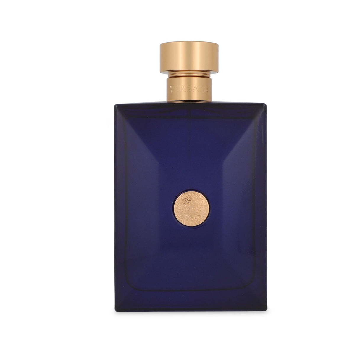 Versace Dylan Blue close-up of cap and label detailing, highlights designer branding and quality