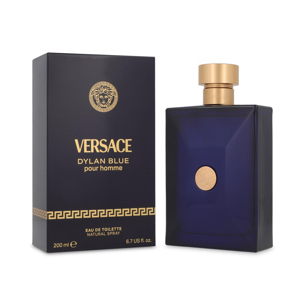 Versace Dylan Blue front bottle showing sleek glass and label, offers premium gift appeal