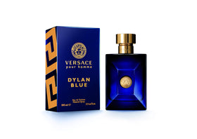 Versace Dylan Blue lifestyle bottle on table conveying stylish presentation and gift-ready appeal