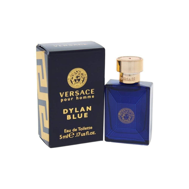 Versace Dylan Blue mini front bottle showing label and compact design benefit: portable
