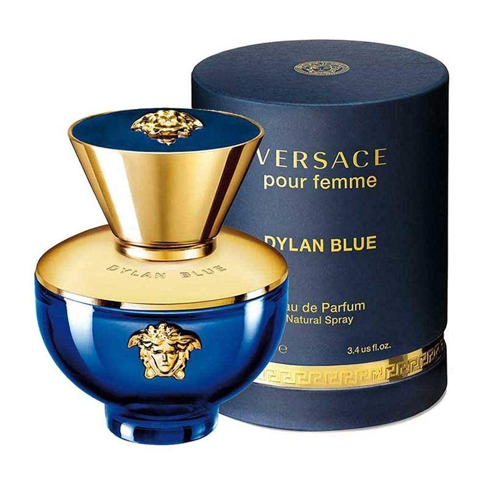 Versace Dylan Blue bottle front view showing elegant design and luxury appeal
