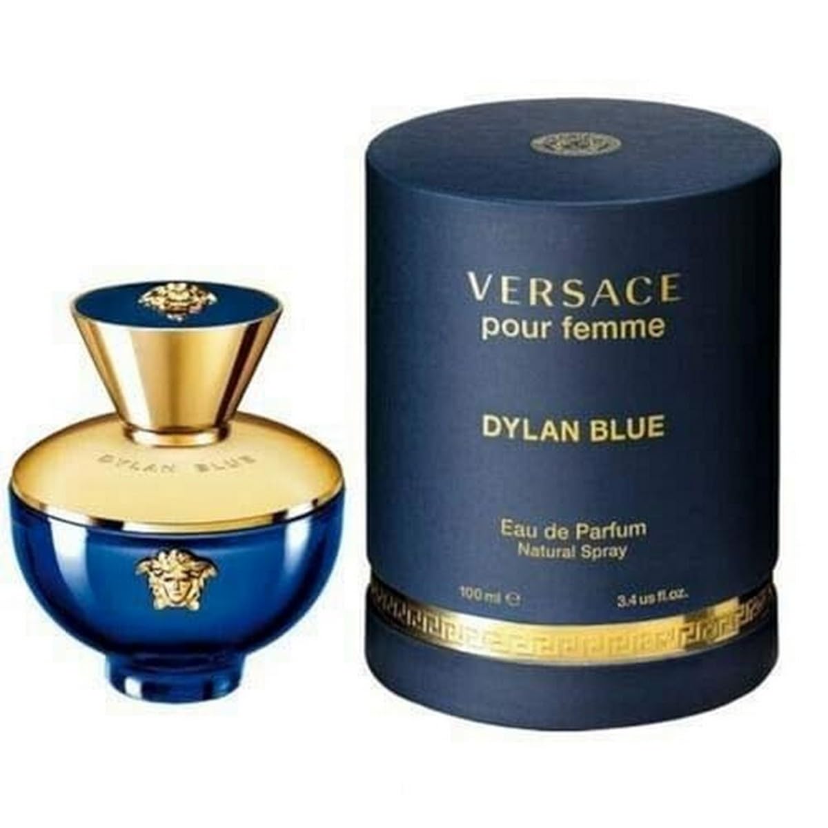 Versace Dylan Blue bottle front view showing elegant packaging and refined presentation