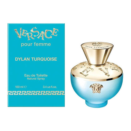 Versace Dylan Turquoise front bottle showing elegant turquoise glass and label benefit fresh impression