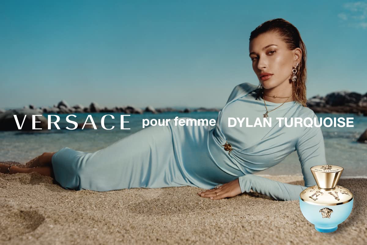 Versace Dylan Turquoise spray in hand demonstrating size and ease of use benefit travel-friendly