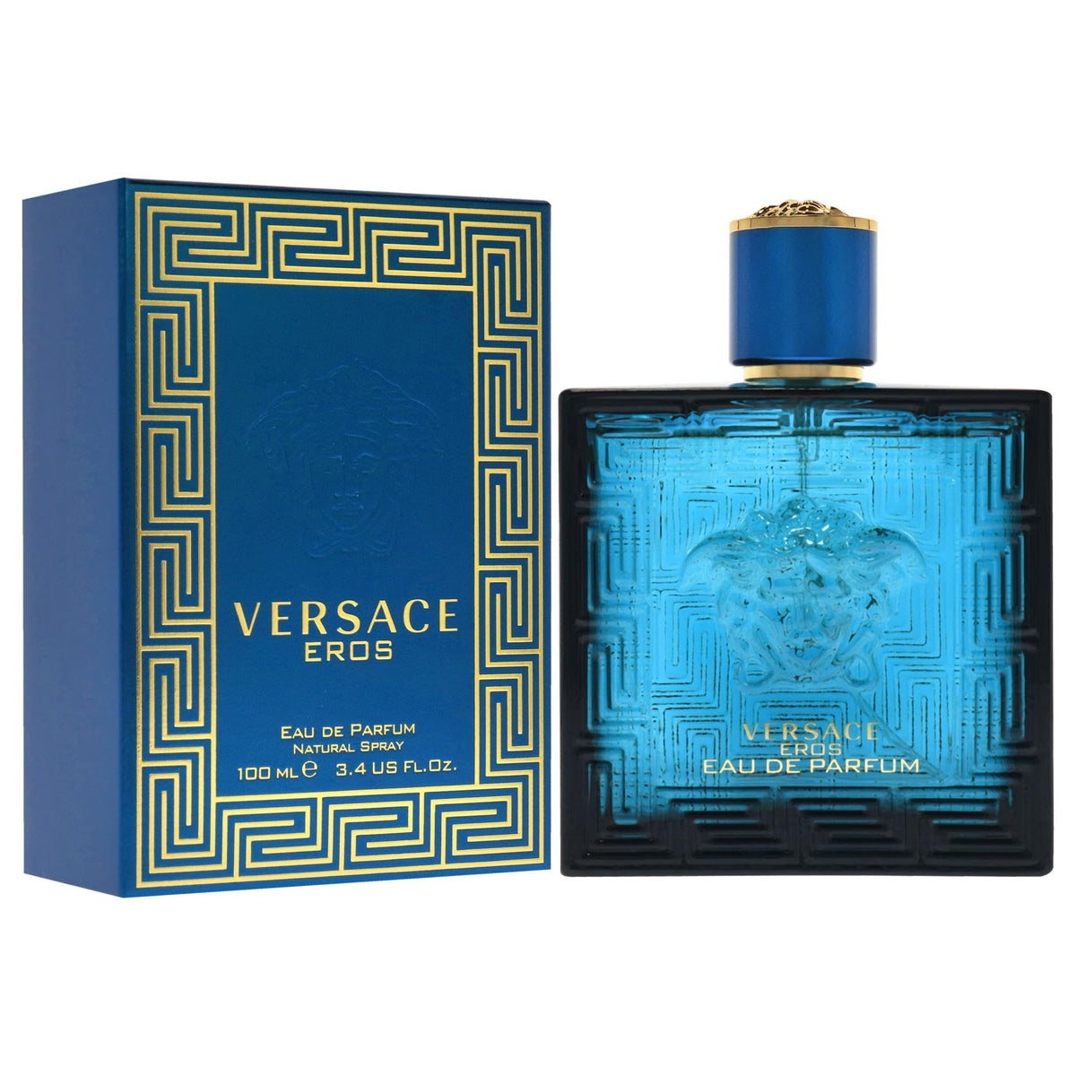 Versace Eros held in hand to show 100ml size and travel-friendly scale
