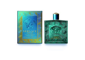 Versace Eros bottle detail closeup highlighting cap and textured glass for elegance