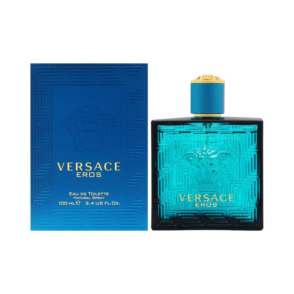 Versace Eros bottle front view in turquoise glass showcasing Medusa emblem and elegant design