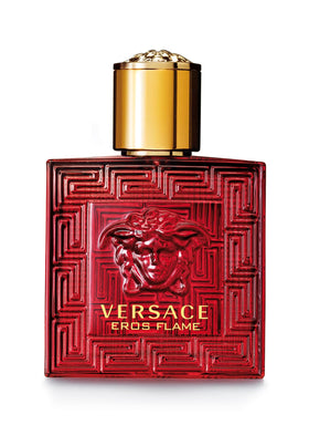 Versace Eros Flame front bottle view showing label and cap, highlighting luxury design