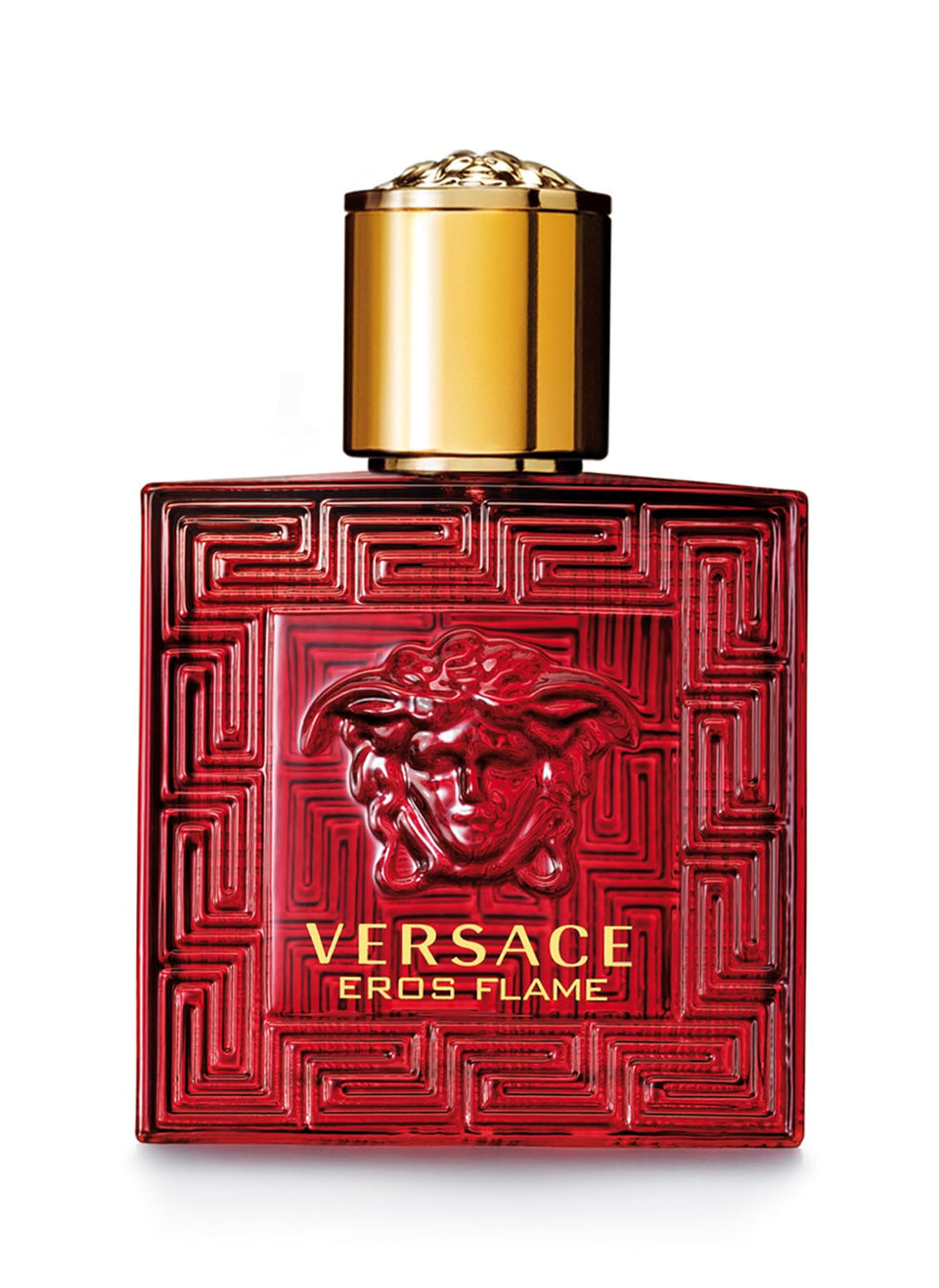 Versace Eros Flame front bottle view showing label and cap, highlighting luxury design