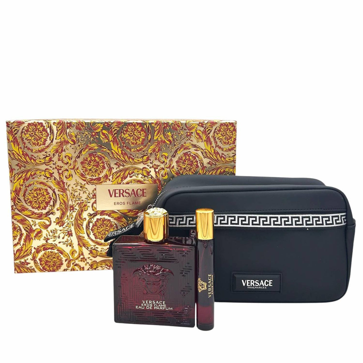 Versace Eros Flame front bottle showing red glass and Versace logo, bold presentation