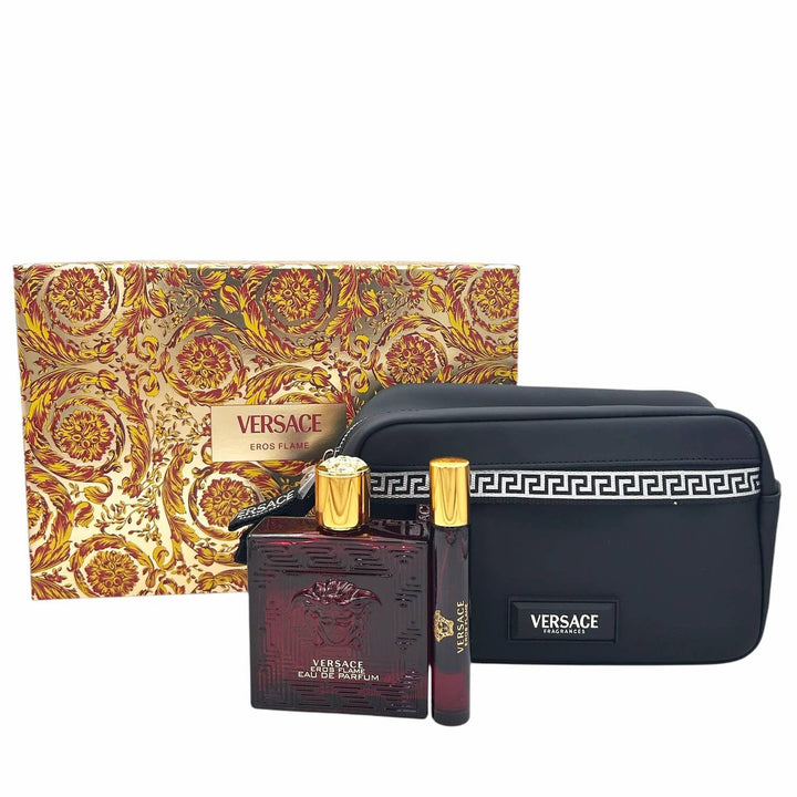 Versace Eros Flame front bottle showing red glass and Versace logo, bold presentation