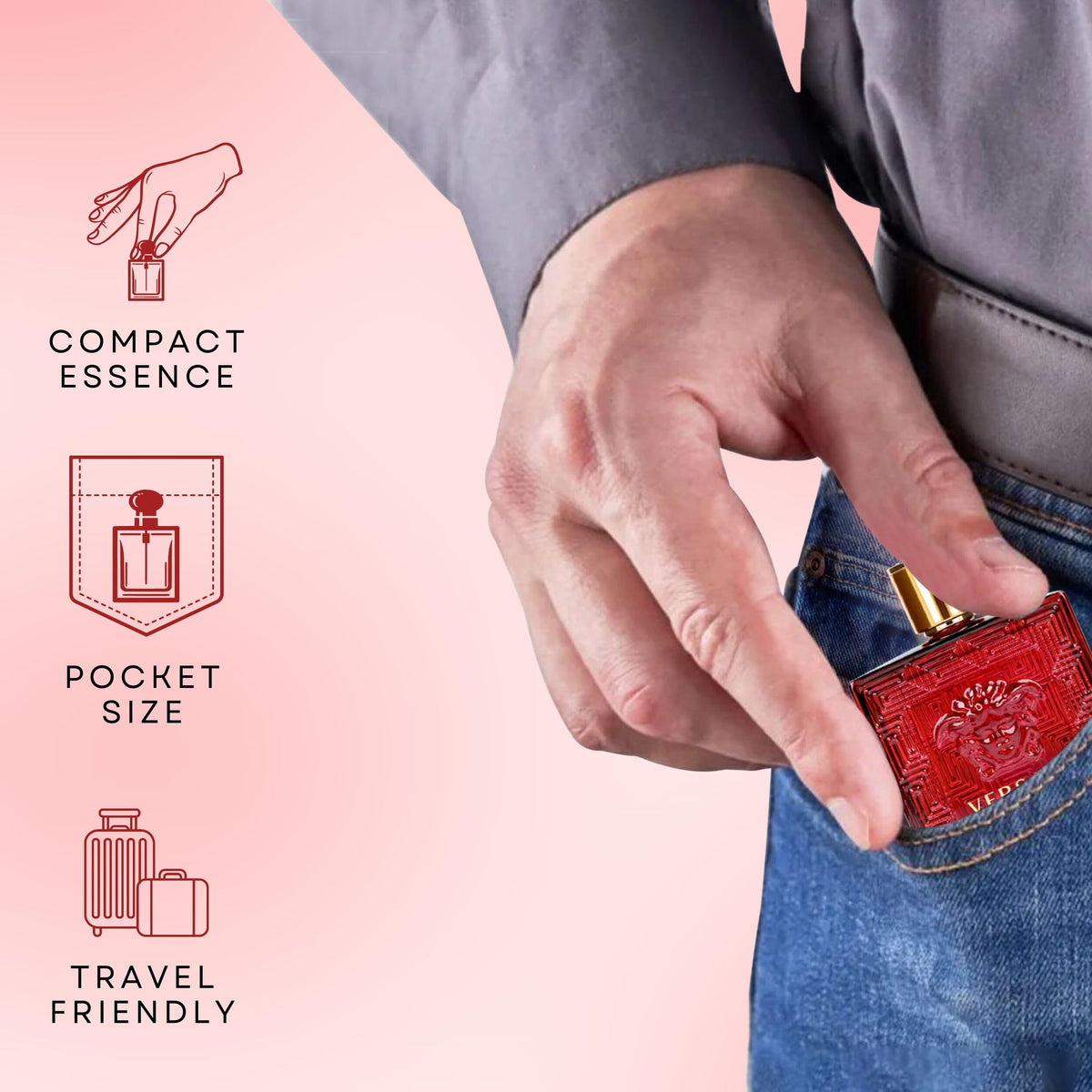 Versace Eros Flame next to a coin to show size and portability for travel convenience