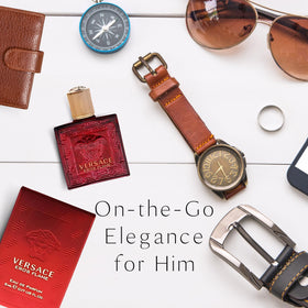 Versace Eros Flame in a travel bag with essentials showcasing convenience and quick refresh benefit