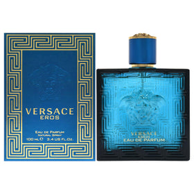 Versace Eros front bottle showing iconic logo and bold blue glass for brand impact