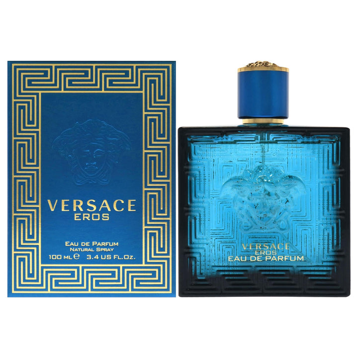 Versace Eros front bottle showing iconic logo and bold blue glass for brand impact