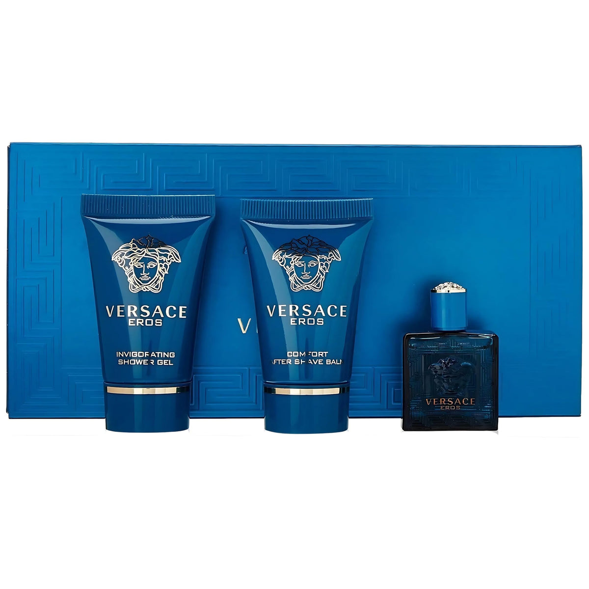Versace Eros grooming trio inside a travel pouch demonstrating easy on-the-go grooming