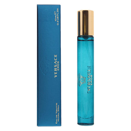 Versace Eros front bottle view showing compact travel-friendly design and bold branding