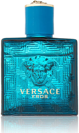 Versace Eros bottle detail highlighting logo and premium finish benefits
