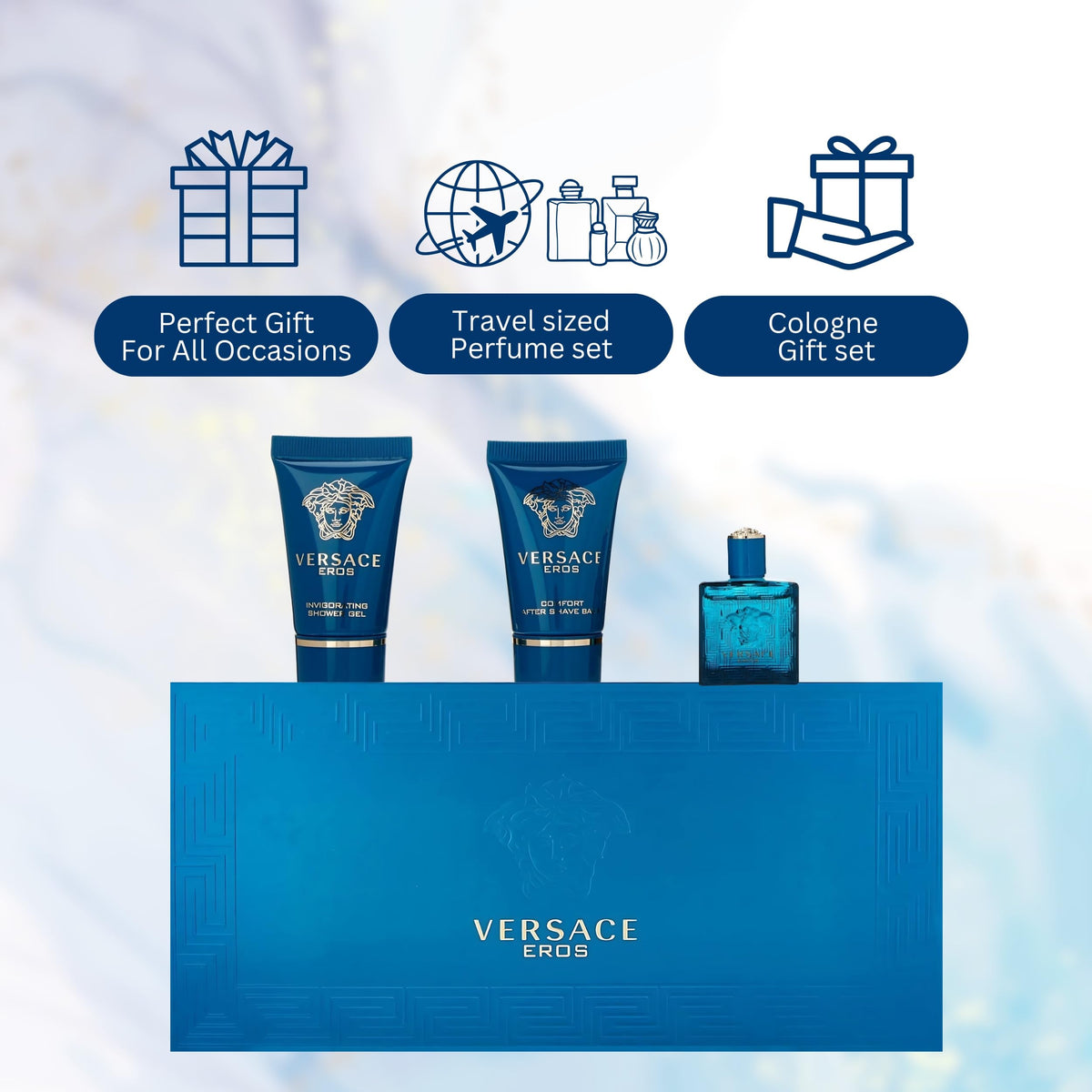 Versace Eros mini set next to passport to show travel-friendly size and portability