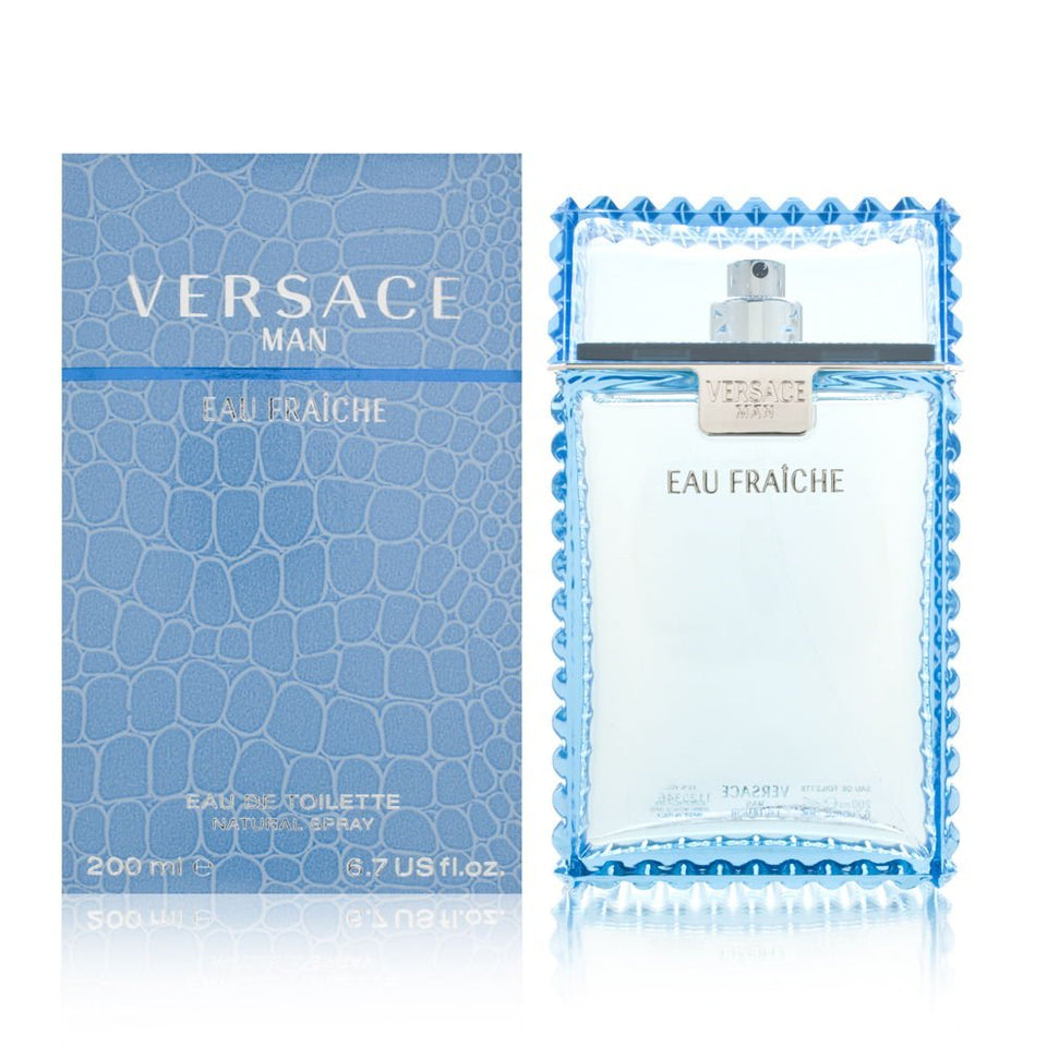 Versace Man Eau Fraiche bottle front view highlighting fresh aquatic appeal