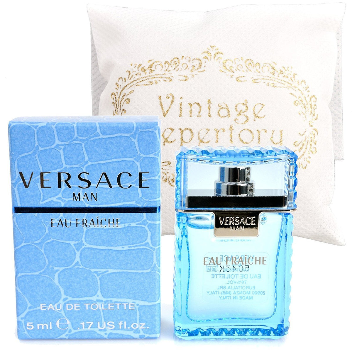 Versace Man Eau Fraiche mini front box showing brand and compact collectible benefit