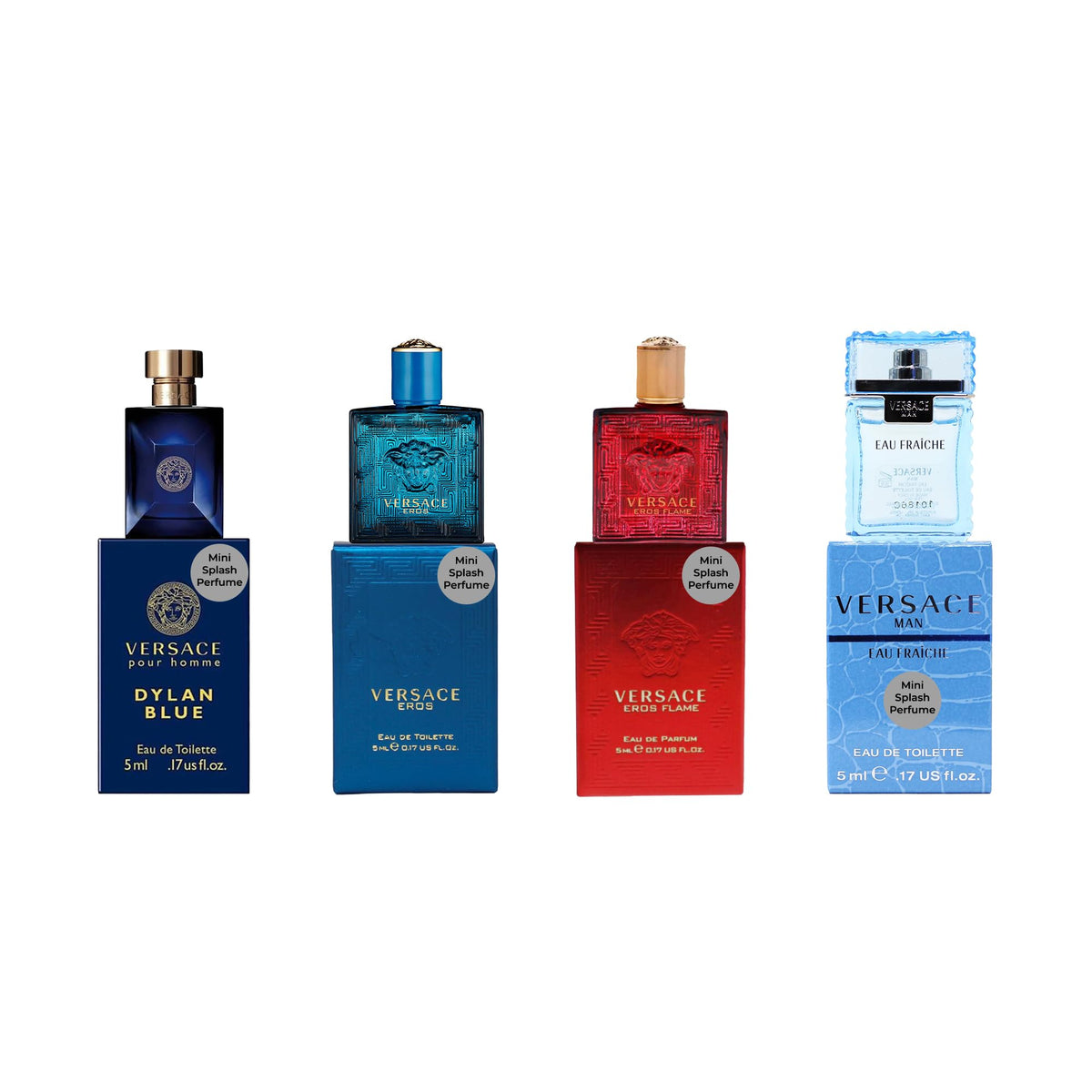 Versace gift set box front showing four perfume vials and collectible packaging benefit discovery