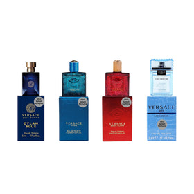 Versace gift set box front showing four perfume vials and collectible packaging benefit discovery
