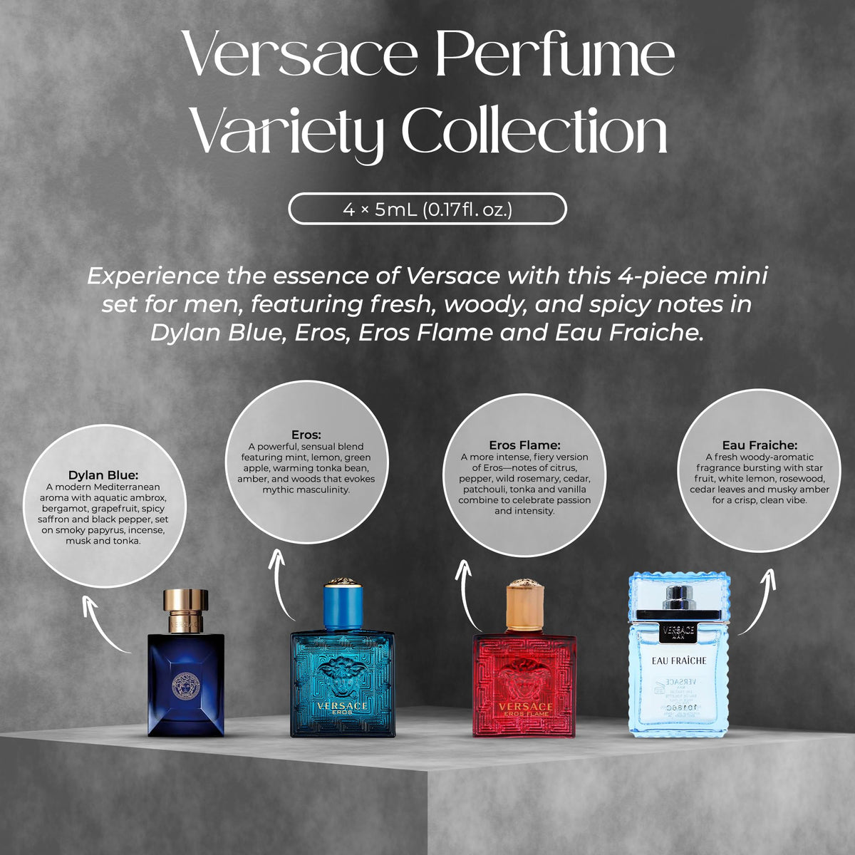 Versace four mini vials lined up to compare scents and ease selection benefit sampling