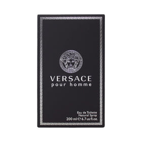 Versace Pour Homme bottle front view showing elegant glass and label benefit: stylish presentation