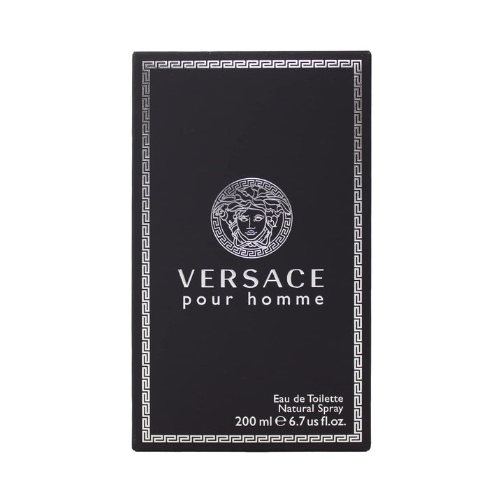 Versace Pour Homme bottle front view showing elegant glass and label benefit: stylish presentation