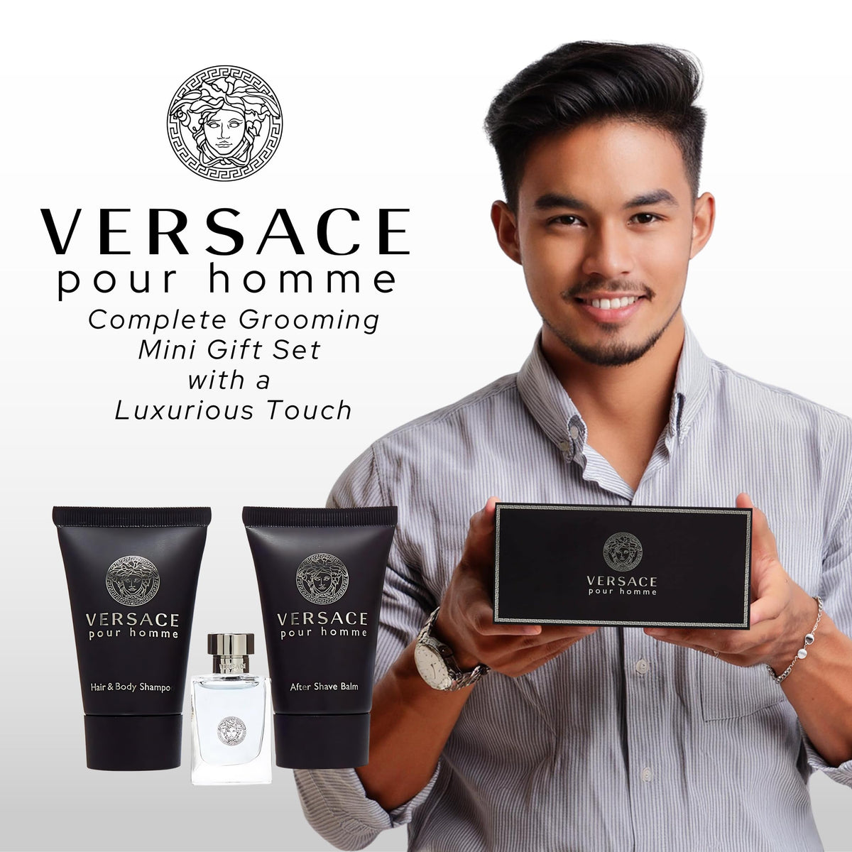 Versace Pour Homme mini after shave balm open to show soothing skincare benefit