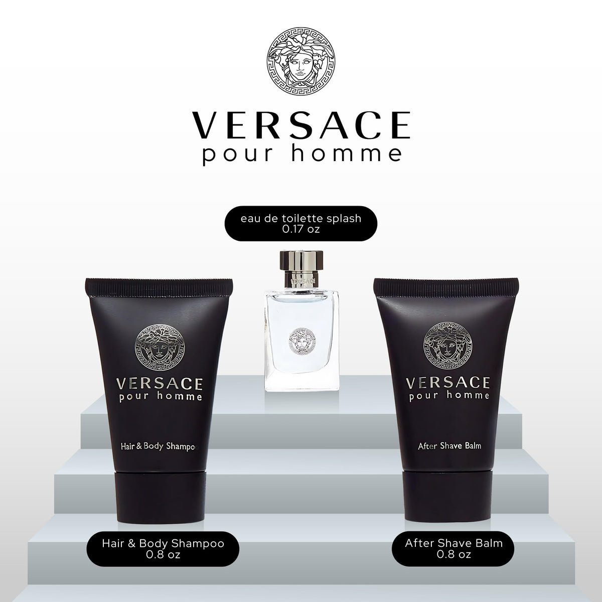 Versace Pour Homme mini contents arranged showing scent and grooming trio benefit