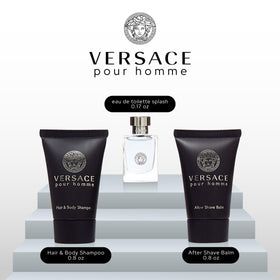 Versace Pour Homme mini contents arranged showing scent and grooming trio benefit