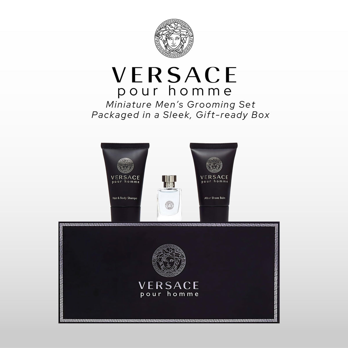 Versace Pour Homme mini EDT bottle closeup highlighting brand and elegant finish