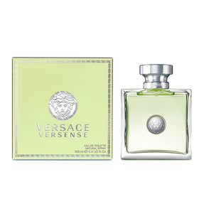 Versace Versense front bottle showing pale green fragrance and silver cap, elegant display