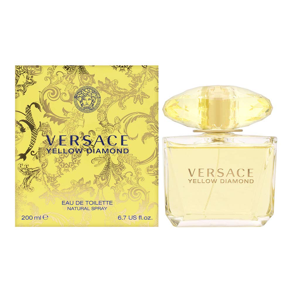 Versace Yellow Diamond bottle close-up detail highlighting glass cut and luxury finish