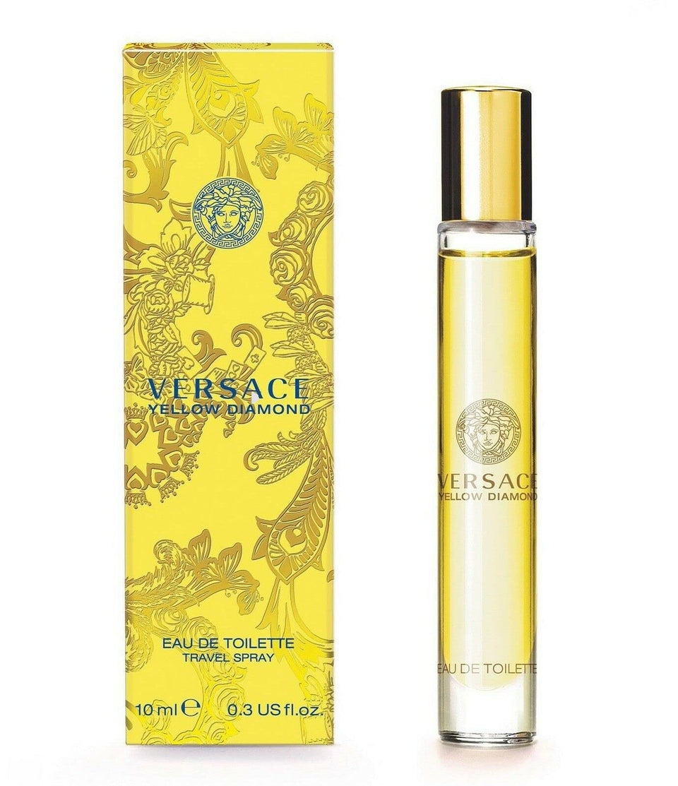 Versace Yellow Diamond front view travel spray showing compact gemstone bottle and portability benefit