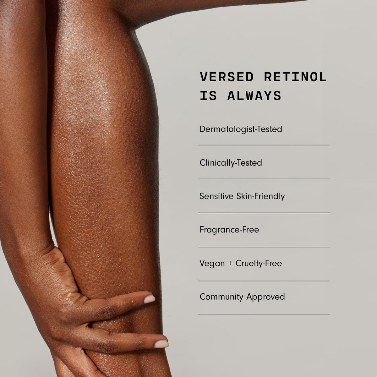 Versed label close-up showing active ingredients and transparency benefit