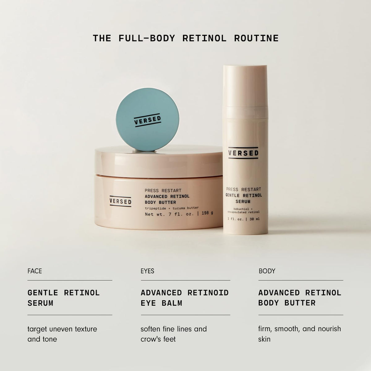 Versed jar next to hand showing 7 oz size and travel-friendly benefit