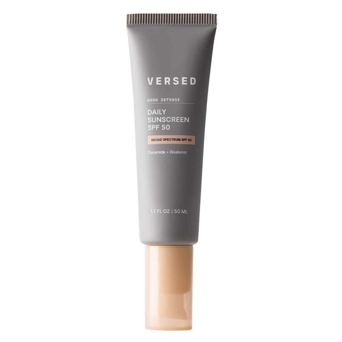 Versed front packaging showing SPF 50 and benefits for daily protection