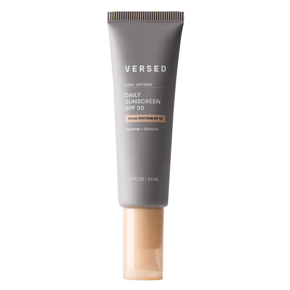 Versed front packaging showing SPF 50 and benefits for daily protection