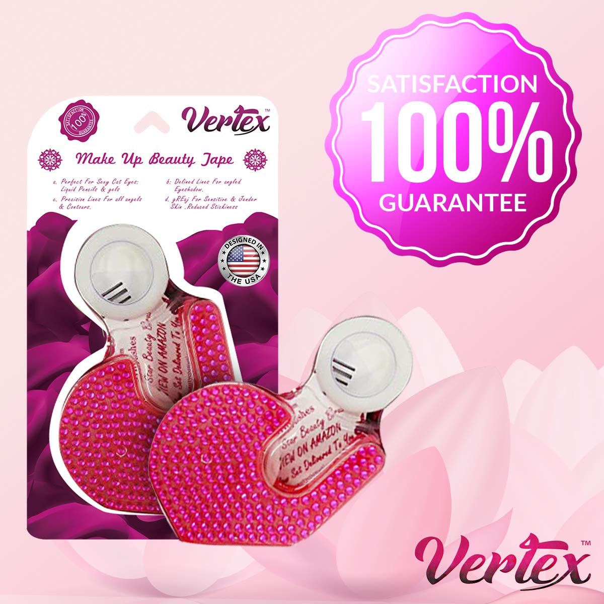 Vertex tape inside makeup bag lifestyle shot showing convenience for travel and fast fixes